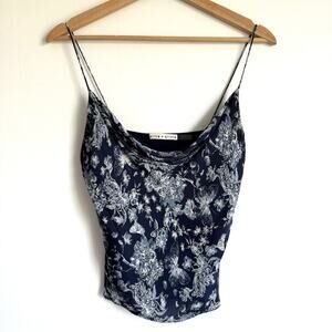 ALICE + OLIVIA Cowl Neck Cami Top XS Navy Toile Floral Butterfly Y2K Romantic